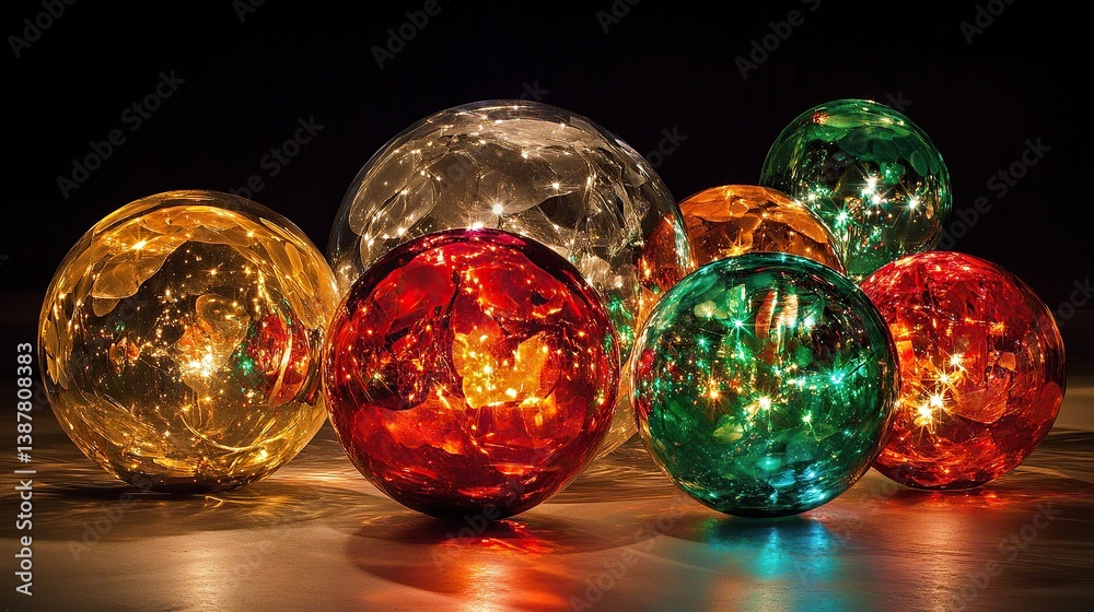 A glowing arrangement of translucent crystal spheres reflecting radiant holiday colors of deep green A glowing arrangement of translucent crystal spheres reflecting radiant holiday colors of deep green