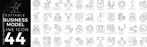 Business Model Web Icons Set in Line Style. Linear Icons Collection Featuring Business Strategies, Revenue Streams, Value Propositions, and Operational Structure. Editable Stroke