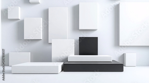 Wallpaper Mural monochrome abstract 3D rendering of geometric shapes features various rectangular forms in black and white, creating minimalist and modern aesthetic Torontodigital.ca