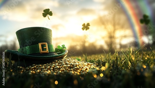 A leprechaun's hat overflowing with gold coins sits in a field at sunset, with shamrocks floating in the air and a rainbow in the background. Happy St. Patrick's Day! photo