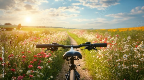 A captivating bicycle tour amidst fields of blooming flowers at sunset radiance