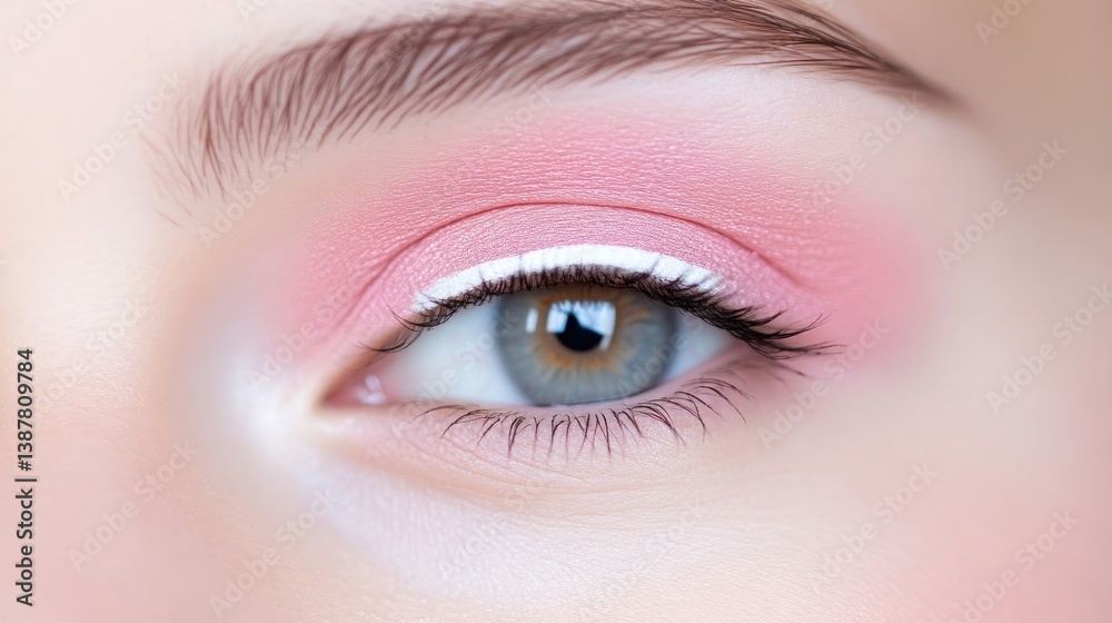 Obraz premium Close-up of eye makeup. Soft pink eyeshadow, white eyeliner, and subtle blush