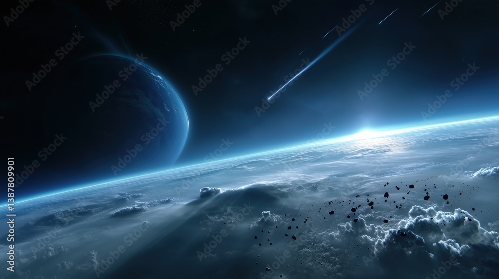 Fototapeta premium Mesmerizing Expansive Cosmos: Dazzling Glowing Planet, Scattered Asteroids, and Star Nebulae Unveiling Celestial Wonders of Outer Space