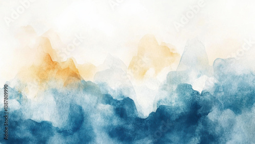 serene abstract watercolor painting featuring soft, flowing mountains in shades of blue and orange. gentle hues create calming atmosphere, perfect for enhancing any space