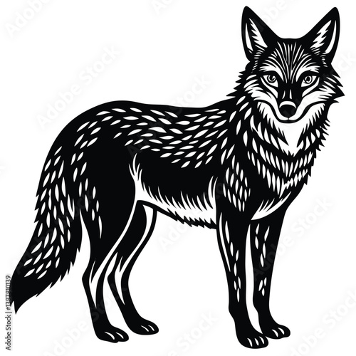 Cunning coyote lurks a prey, hen vector silhouette illustration isolated on white. Smart animal predator. Jackal hunting hen chicken behind back. Farm chantry poultry in danger. Scary domestic bird.