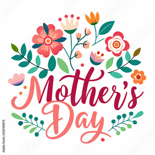 Happy mothers day calligraphy, floral text on white background