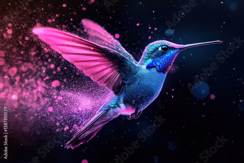 stunning hummingbird mid flight, showcasing vibrant blue and pink feathers against dark, dreamy background filled with colorful particles. image captures beauty and grace of this small bird