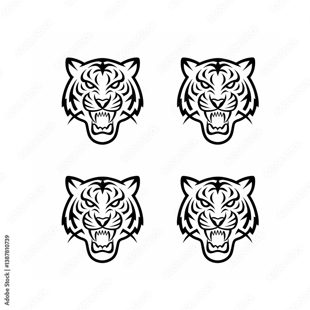 Fototapeta premium tiger head vector illustration black silhouette icons isolated on white background