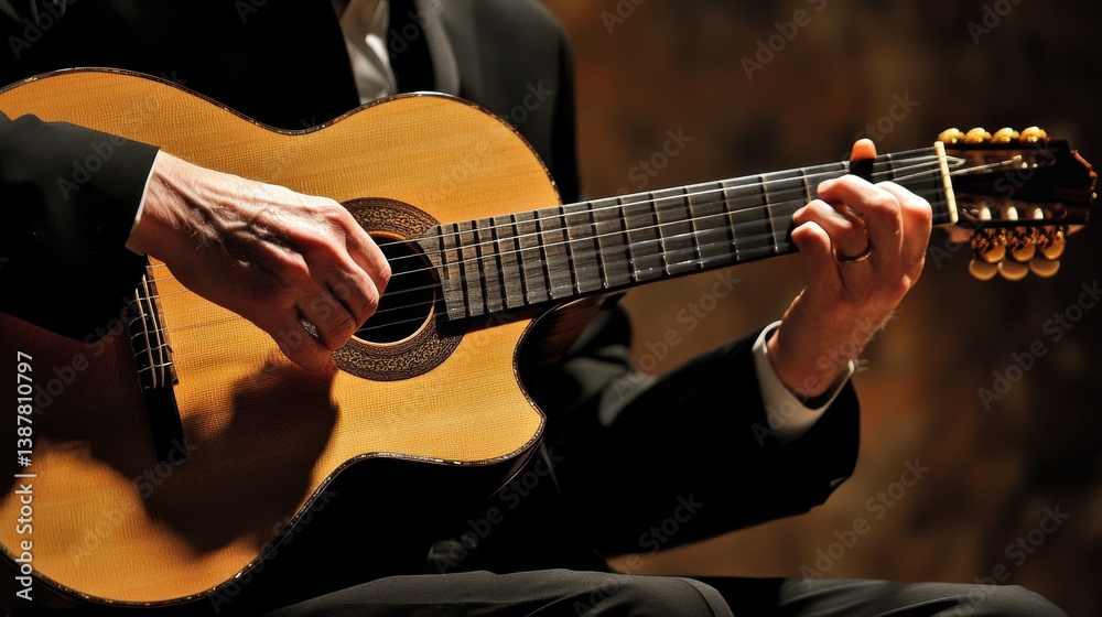 Fototapeta premium Hands Playing Acoustic Guitar in Warm Indo Setting