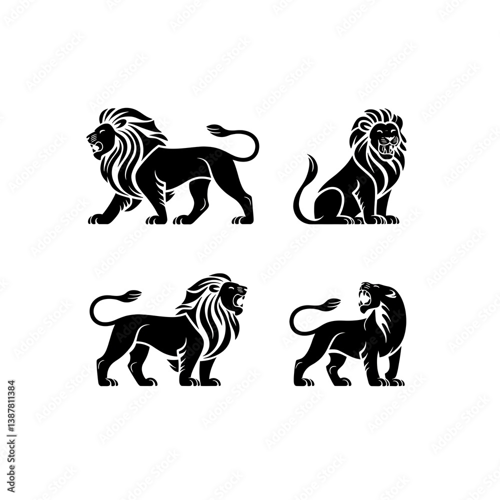 Obraz premium Set of lion black silhouette icons isolated on white background