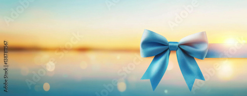 beautiful blue ribbon with bow is elegantly displayed against serene sunset background, evoking feelings of joy and celebration. soft colors and gentle light create tranquil atmosphere
