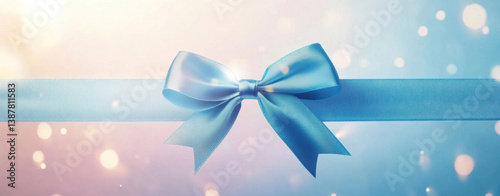 beautiful blue ribbon with bow is elegantly displayed against soft, blurred background, creating festive and cheerful atmosphere perfect for celebrations