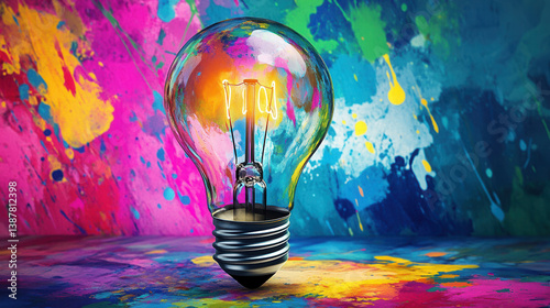 colorful light bulb stands out against vibrant, splattered background, creating lively and artistic atmosphere. interplay of colors evokes creativity and inspiration