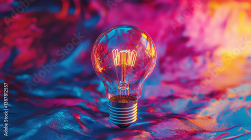 colorful light bulb stands out against vibrant paint splattered background, creating striking visual contrast that evokes creativity and inspiration