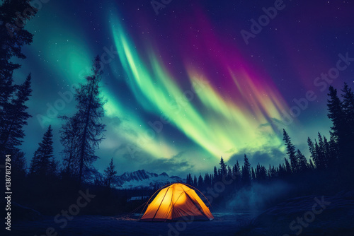 stunning display of colorful northern lights illuminates night sky above cozy camping tent, surrounded by tall trees and serene landscape. vibrant hues create magical atmosphere, inviting