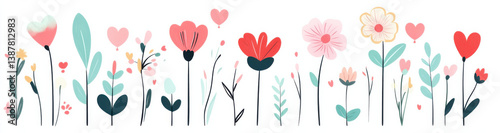 Colorful illustration of cute flowers, featuring various shapes and shades, creating cheerful and vibrant atmosphere. Perfect for spring themes and decorative purposes