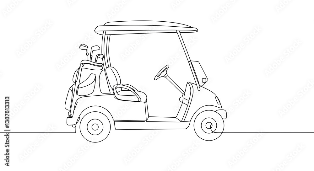 Minimalist Line Art of Golf Cart Side View on White Background Minimalist Line Art of Golf Cart Side View on White Background
