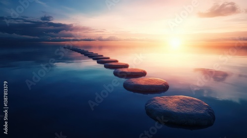 A series of stepping stones across a tranquil pond, reflecting the journey towards a radiant horizon. 4k