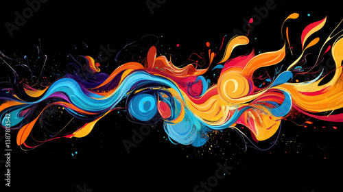 Colorful abstract paint splash design with vibrant swirls and dynamic movement, creating energetic and lively atmosphere. This artwork showcases blend of colors that evoke creativity and joy