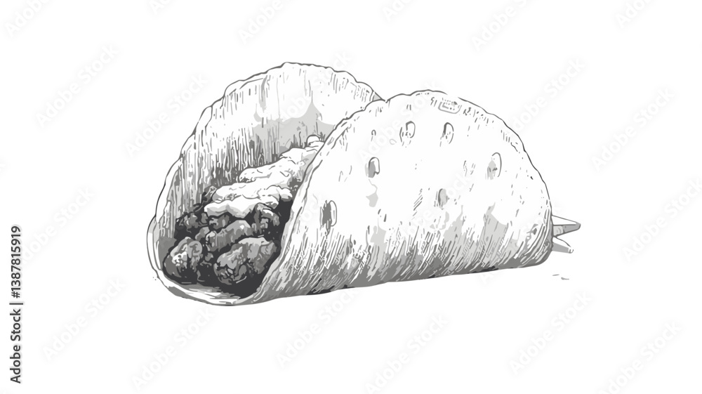 Obraz premium Sketch of a taco filled with ingredients, artistic illustration highlighting Mexican cuisine and flavorful dishes