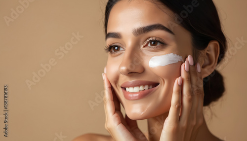 Smiling indian woman applying cream on face. Portrait of young female applying daily facial cosmetic product. Skincare routine, anti-aging treatment. Beauty, health, wellness concept. Beautiful girl