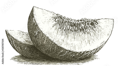 Sketch of a cantaloupe melon cut in half, artistic illustration highlighting fresh fruits and healthy eating
