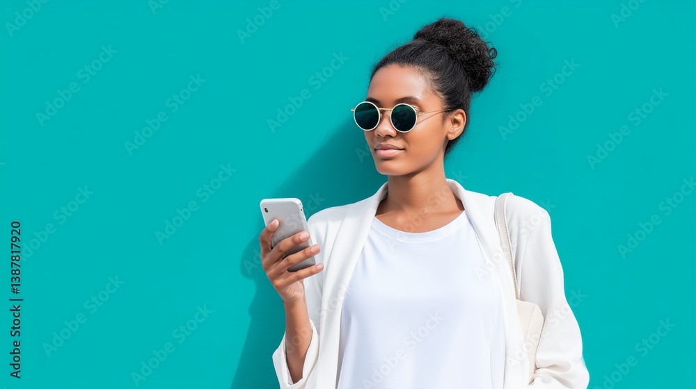 Stylish woman using smartphone against turquoise wall