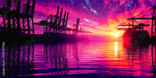 Breathtaking Vector Illustration of Industrial Harbor Sunset with Dramatic Sky and Silhouetted Cargo Ship Cranes Reflecting on Calm Ocean Water in Vibrant Radiant Colors