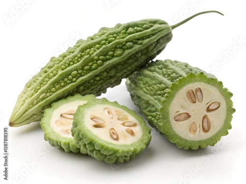 Fresh Sliced Cucumbers with Organic Green Slices Isolated on White Background photo