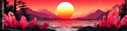 Stunning Vector Illustration of Sunset Over Serene Lake Surrounded by Vibrant Pink Crystals Majestic Mountain Landscape and Tranquil Forest Nature Fantasy Scenery