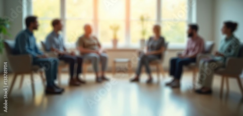 Blurred therapy session, focus support in mental health treatment. Group therapy, community healing. People sit in chairs, share stories, showing power of connection, guidance, empathy, resilience,