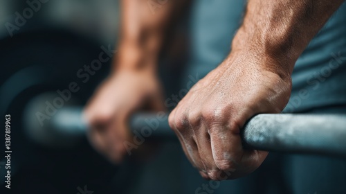 Strength and Perseverance: A close-up of a person's hands gripping a barbell in a gym setting. The image speaks to physical exertion, resolve, and dedication to fitness.