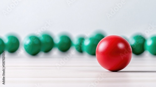 A single, vibrant red sphere stands out in the foreground. Behind it, a blurred row of smaller, teal spheres creates a contrasting backdrop. The image is high-quality, well-lit, and features a shall