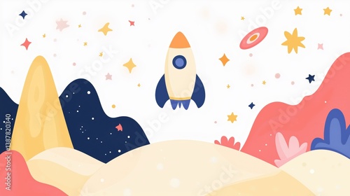 Colorful illustration with rocket, stars, and planets. Ideal for kids, education, space exploration, and creative themes.