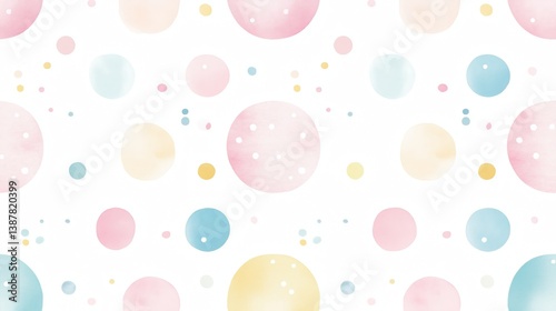 Watercolor pastel rainbow geometric circle dot shape simple repeat seamless pattern. Seamless border of pink, blue, yellow polka dots. Multicolored circle in soft pastel colors.