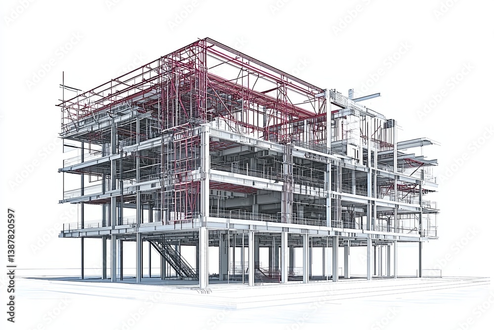 Modern Architectural Design of an In-Progress Building Structure with Steel Framework and Construction Scaffolding Featuring Clear Blueprints Modern Architectural Design of an In-Progress Building Structure with Steel Framework and Construction Scaffolding Featuring Clear Blueprints