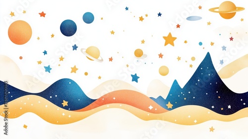 Colorful illustration with rocket, stars, and planets. Ideal for kids, education, space exploration, and creative themes.