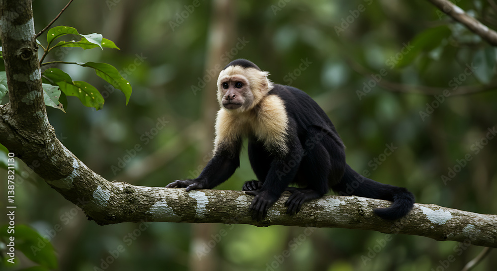 Naklejka premium White Faced Capuchin Monkey Perched on a Tree Branch in Lush Green Rainforest