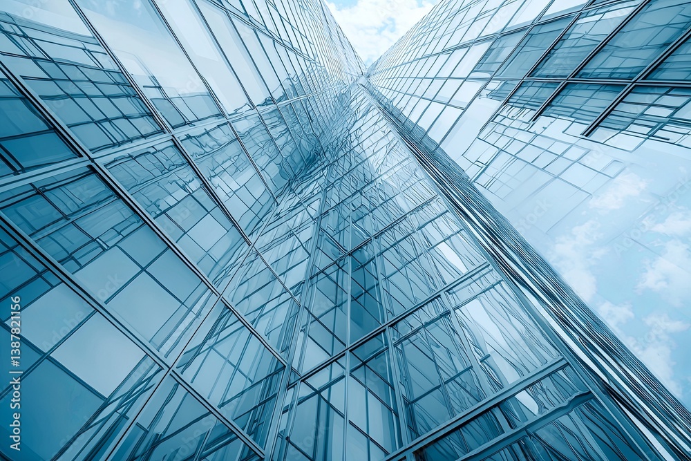 Stunning Architectural View of Glass Skyscrapers Reaching Towards a Blue Sky with Reflective Surfaces and Modern Design Elements Stunning Architectural View of Glass Skyscrapers Reaching Towards a Blue Sky with Reflective Surfaces and Modern Design Elements