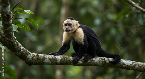 White Faced Capuchin Monkey Perched on a Tree Branch in Lush Green Rainforest