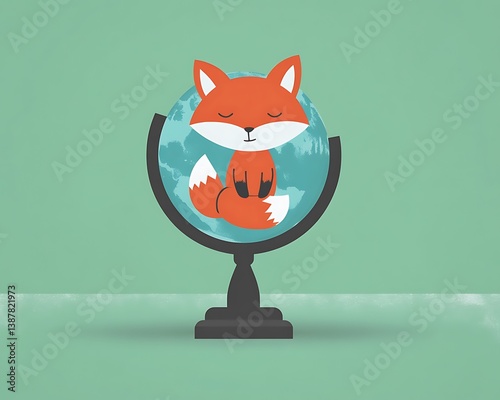 Sleepy Fox on a World Globe
