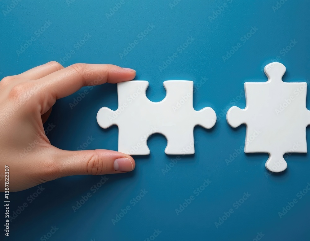 Placing White Puzzle Piece Connecting Together on Blue Background Concept Placing White Puzzle Piece Connecting Together on Blue Background Concept