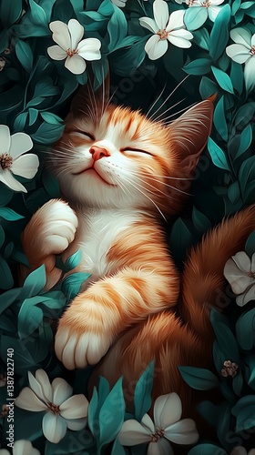 Sleepy ginger kitten in floral bed