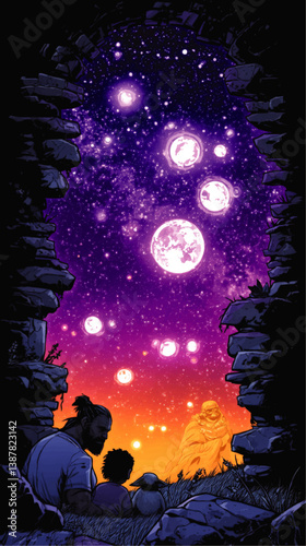 Enchanting Vector Illustration of Father Child and Pet Gazing at Magical Starry Night Sky with Moon Fantasy Landscape Purple Galaxy Cosmic Art Scene Vector Design