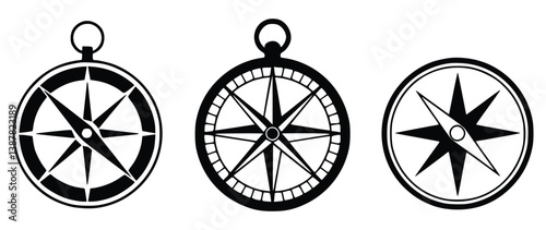 Three Compass Rose Illustrations Different Styles Black And White Isolated Elements