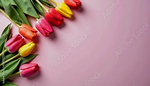 Fresh Colorful Tulips Bouquet on Pink Background, Spring Floral Arrangement