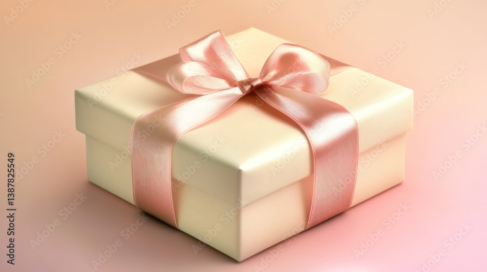 Elegant gift presentation with soft pink ribbon on neutral tone background Elegant gift presentation with soft pink ribbon on neutral tone background