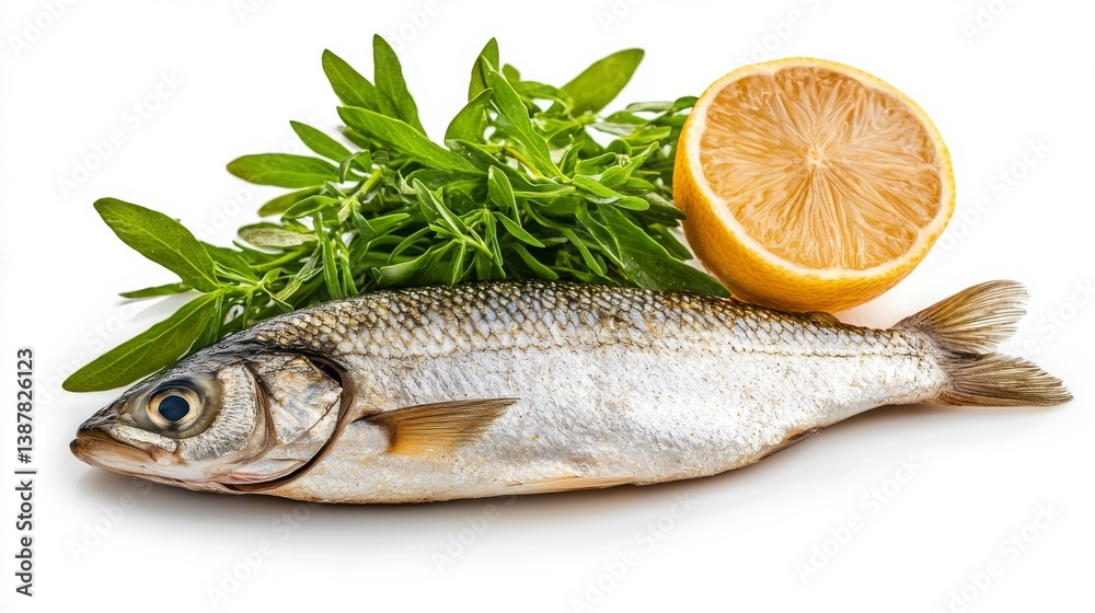 Fresh fish with herbs and lemon, perfect for culinary presentations Fresh fish with herbs and lemon, perfect for culinary presentations