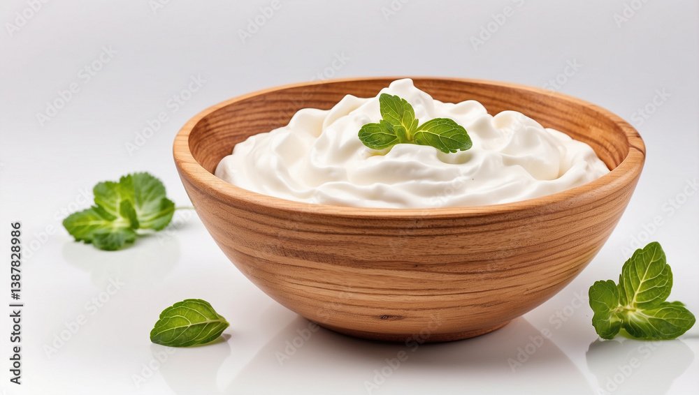 Sour Cream in a Wooden Bowl Isolated on a White Background, Ideal for Culinary Use Sour Cream in a Wooden Bowl Isolated on a White Background, Ideal for Culinary Use