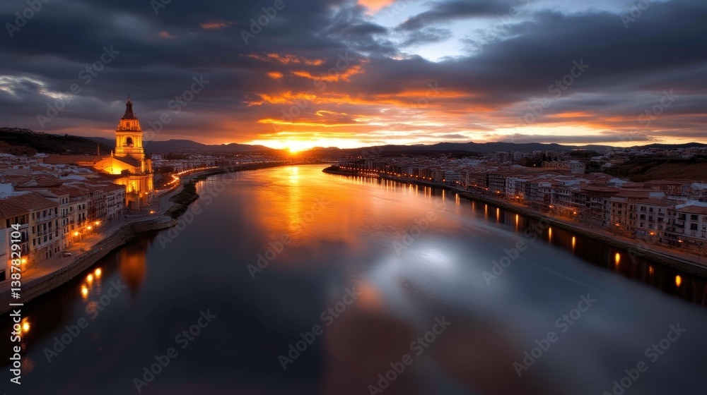 Sunrise over a city by a river, with reflections Sunrise over a city by a river, with reflections